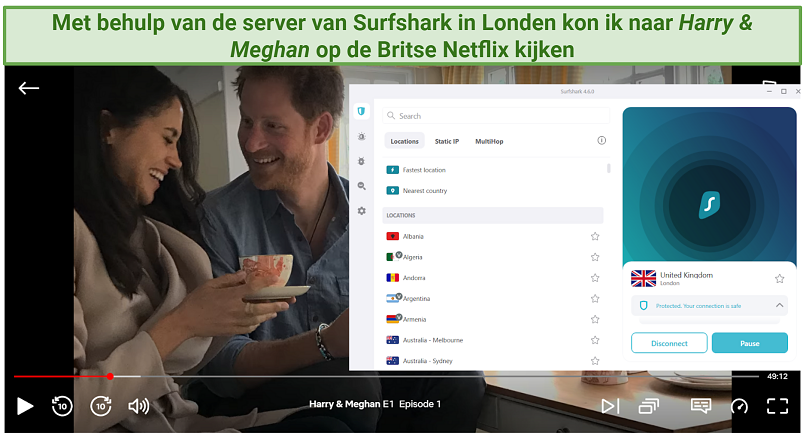 Screenshot showing Surfshark VPN's UK London server accessing Netflix and streaming Harry & Meghan
