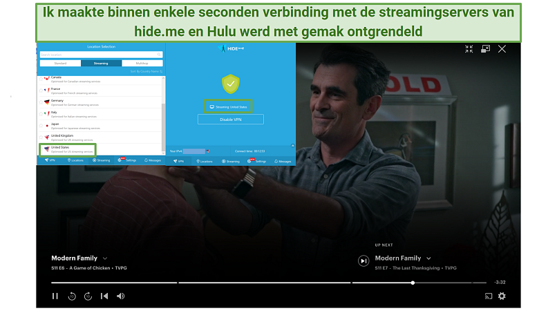 Screenshot of Hideme streaming servers unblocking Hulu