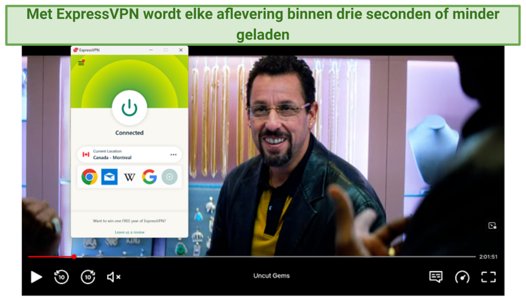Screenshot of Netflix player streaming Uncut Gems while connected to ExpressVPN's Montreal server