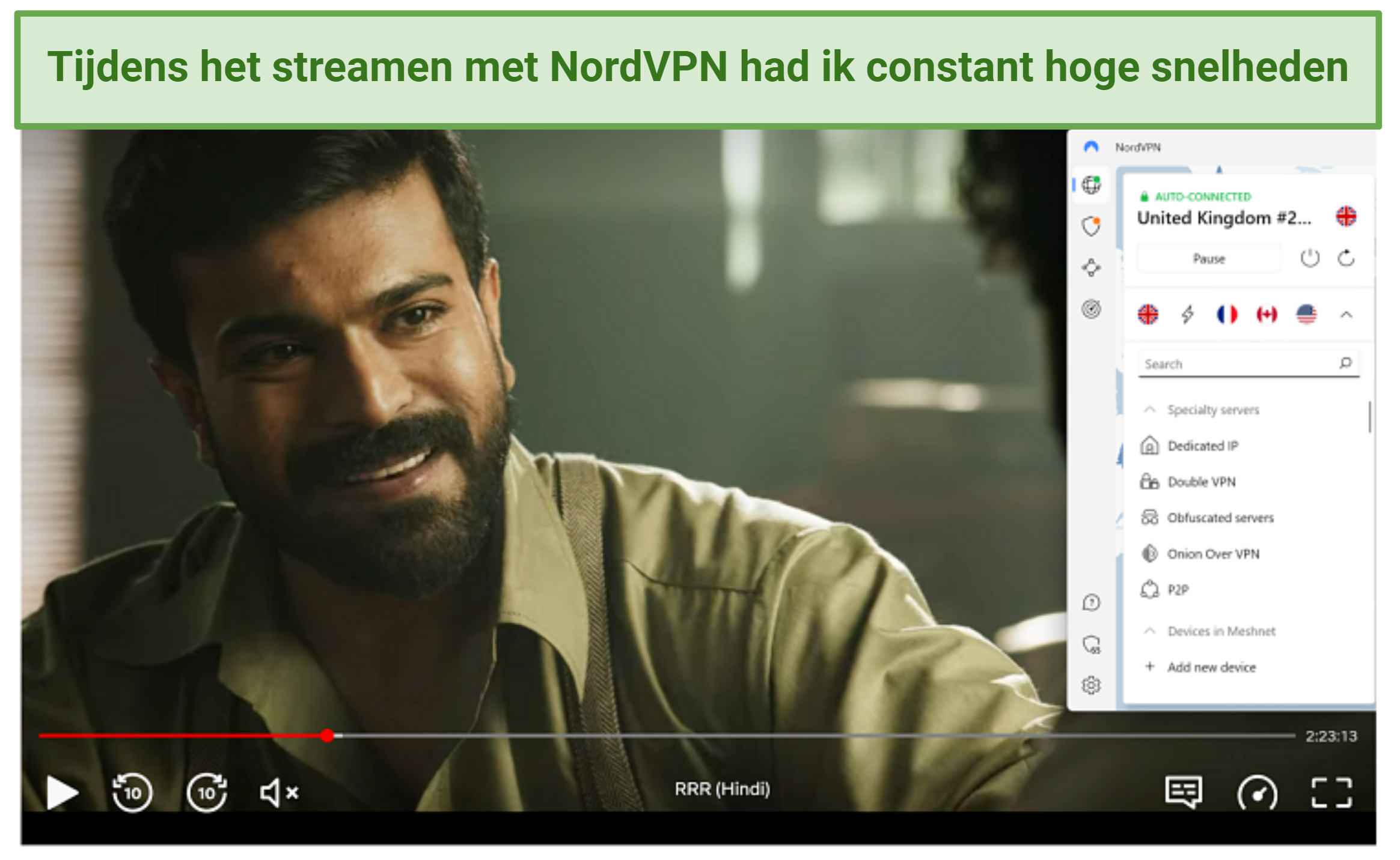 A screenshot of RRR playing on Netflix while connected to one of NordVPN's UK servers
