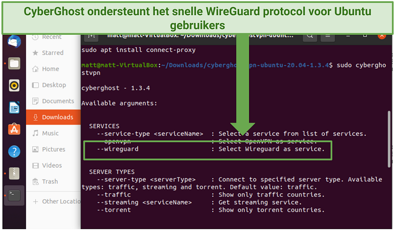 Een screenshot dat laat zien dat CyberGhost het snelle WireGuard protocol ondersteunt voor Ubuntu-gebruikers