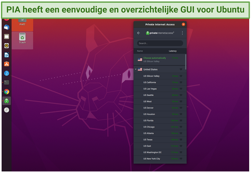Een screenshot laat zien dat PIA een GUI app heeft voor Ubuntu