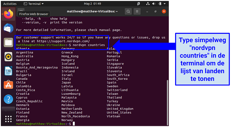Een screenshot die de opdracht toont om de lijst van landen op NordVPN's Ubuntu-app weer te geven.