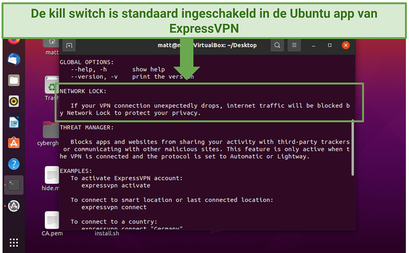 Een screenshot die laat zien dat de Ubuntu-app van ExpressVPN komt met een kill switch (Network Lock)