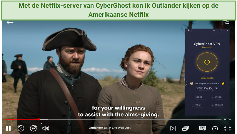 Screenashot of Outlander streaming on Netflix US with CyberGhost connected