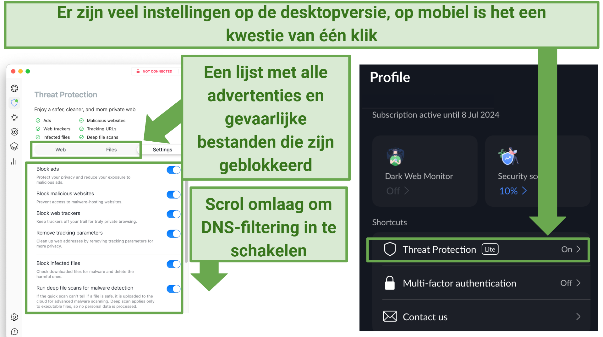 Screenshot toont de Threat Protection adblocker van NordVPN op desktop en mobiele apparaten