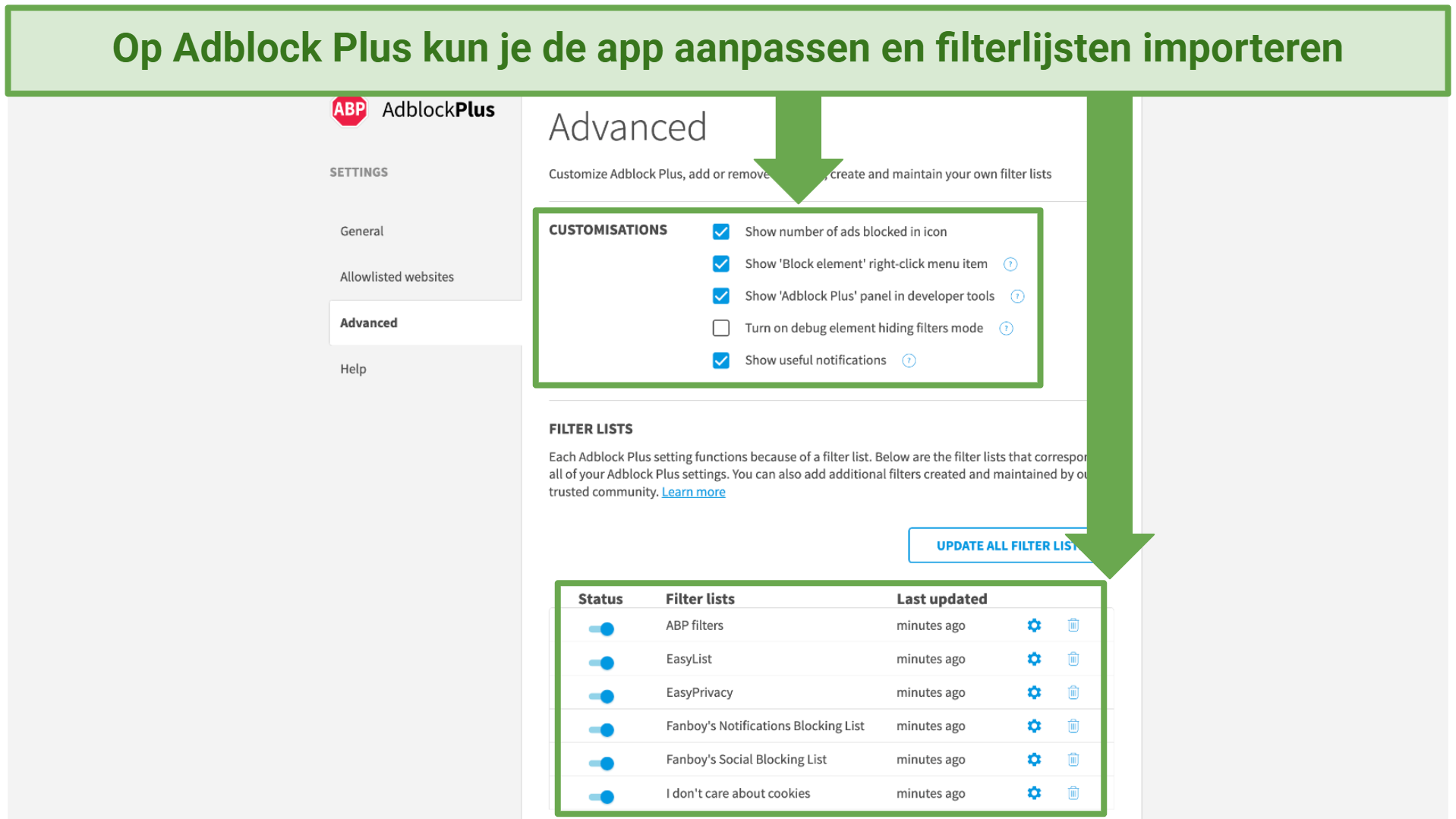 Screenshot die toont hoe je de Adblock Plus app kan aanpassen