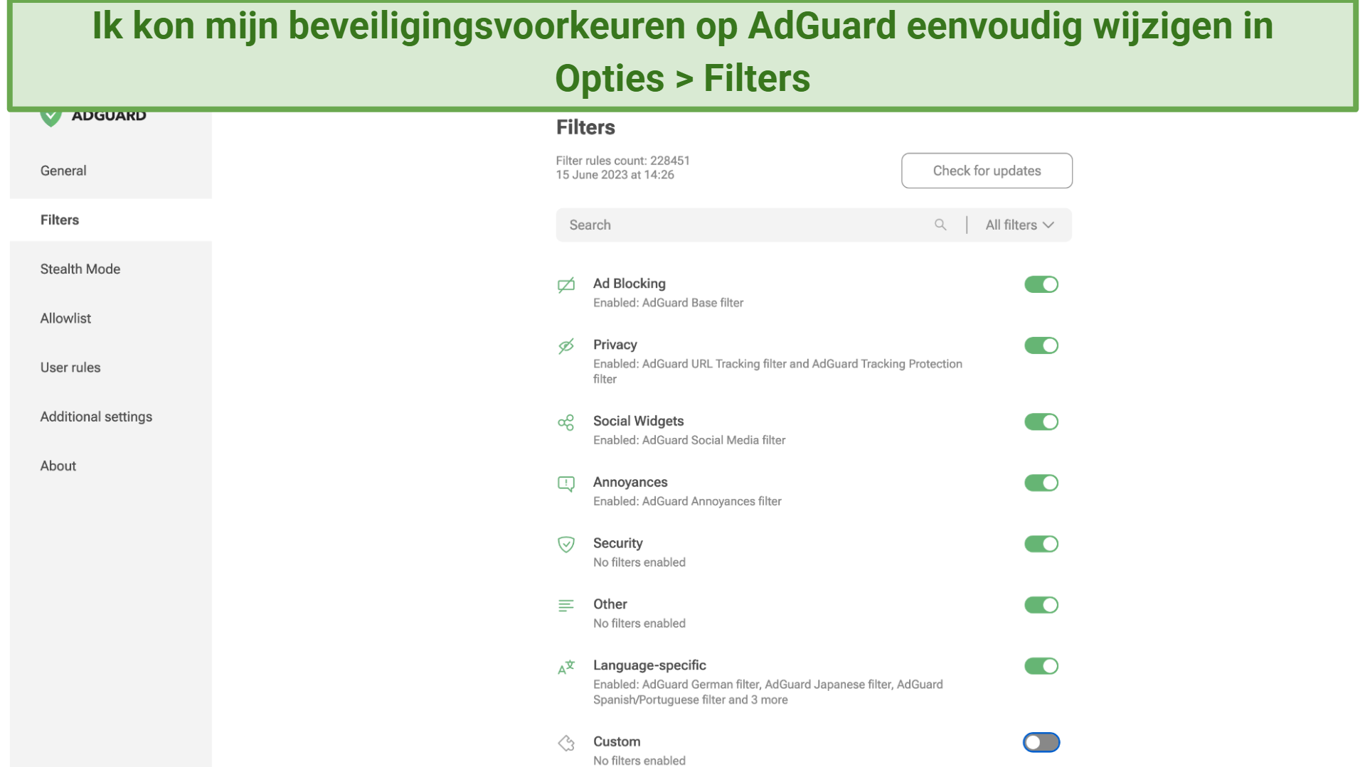 Screenshot toont hoe je je filters in AdGuard kunt schakelen