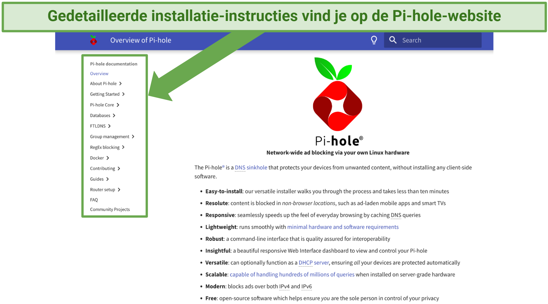 Screenshot van de installatiehandleiding op de Pi-hole website