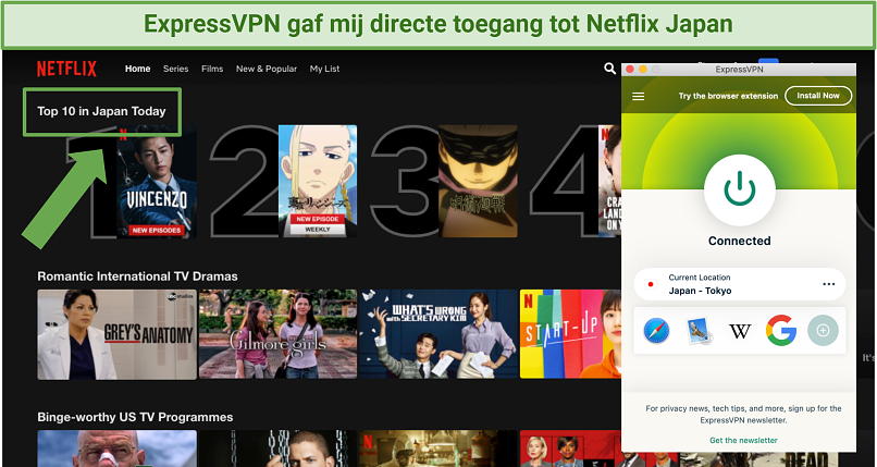 Screenshot showing ExpressVPN app connected to a Tokyo server while accessing Netflix Japan
