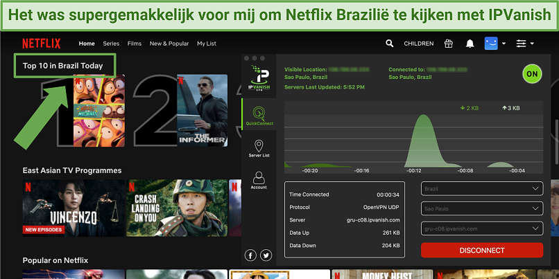 Screenshot showing Netflix Brazil being accessed while connected to the IPVanish app in Sao Paulo