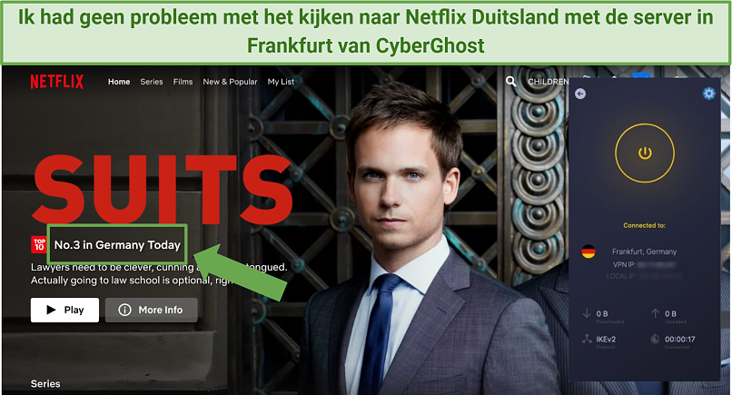 Screenshot showing Netflix Germany being accessed while connected to Cyberghost's Frankfurt server