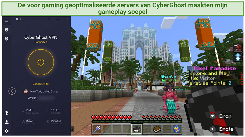 Screenshot of CyberGhost working with Minecraft