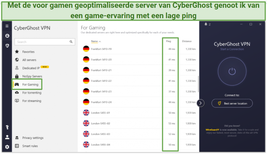 A screenshot showing some of CyberGhost's gaming-optimized servers