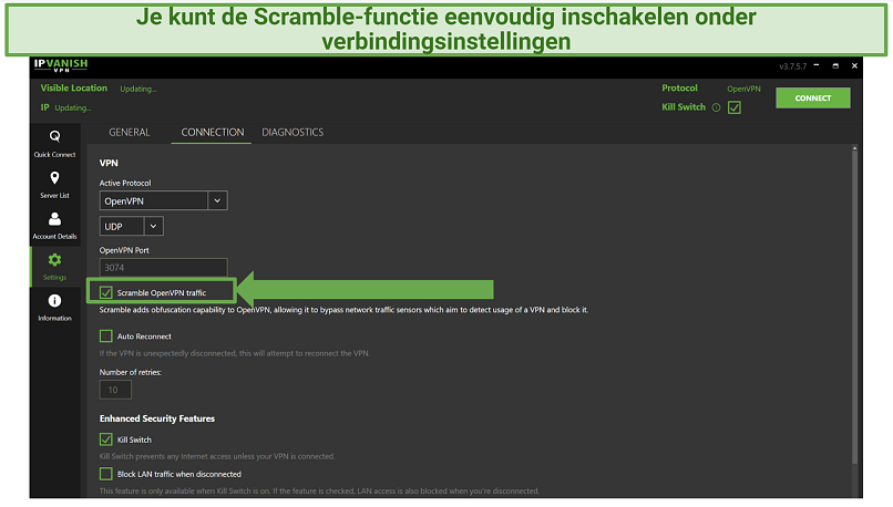 Screenshot showing the Scramble feature in IPVanish VPN's connection settings menu