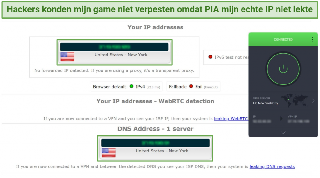 A screenshot showing that PIA's NY server didn't leak my real IP address
