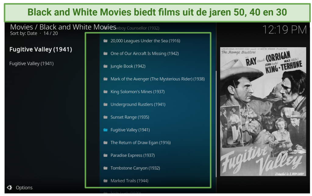 A screenshot showing the Black and White Kodi addon has classic movies