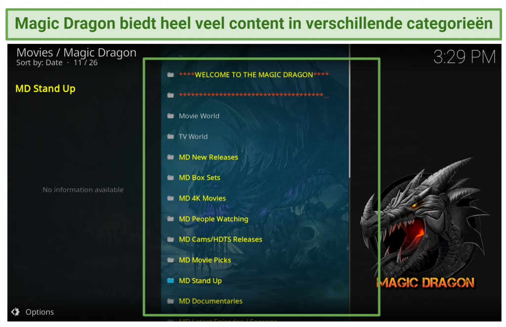 A screenshot showing the Magic Dragon Kodi addon has its content placed into different categories.