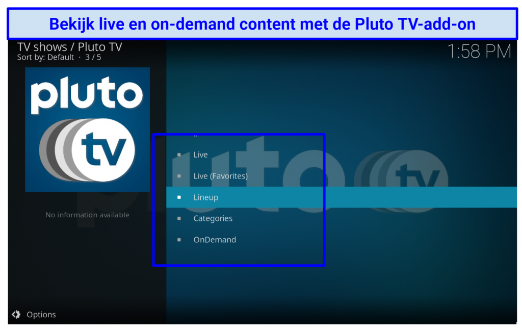 A screenshot showing the multi-category Pluto TV's addon