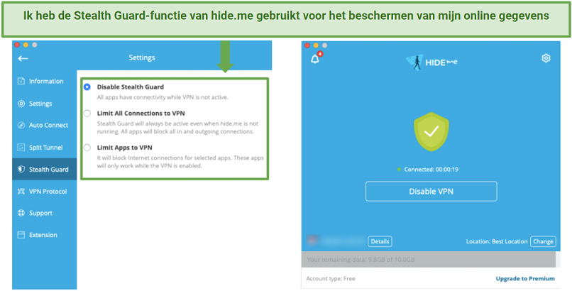 Screenshot of hideme's Stealth Guard feature