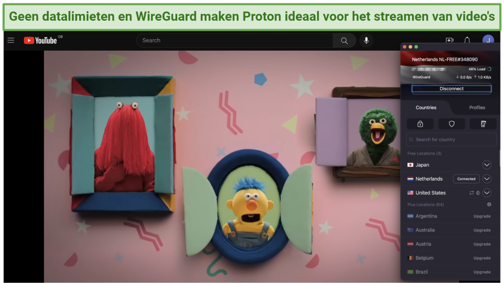 Screenshot of the Proton VPN app connected to a server in the Netherlands over a browser streaming a YouTube video