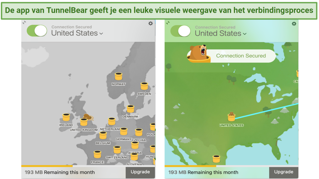 Screenshot showing the TunnelBear app and the animated bear tunneling to a location in the US