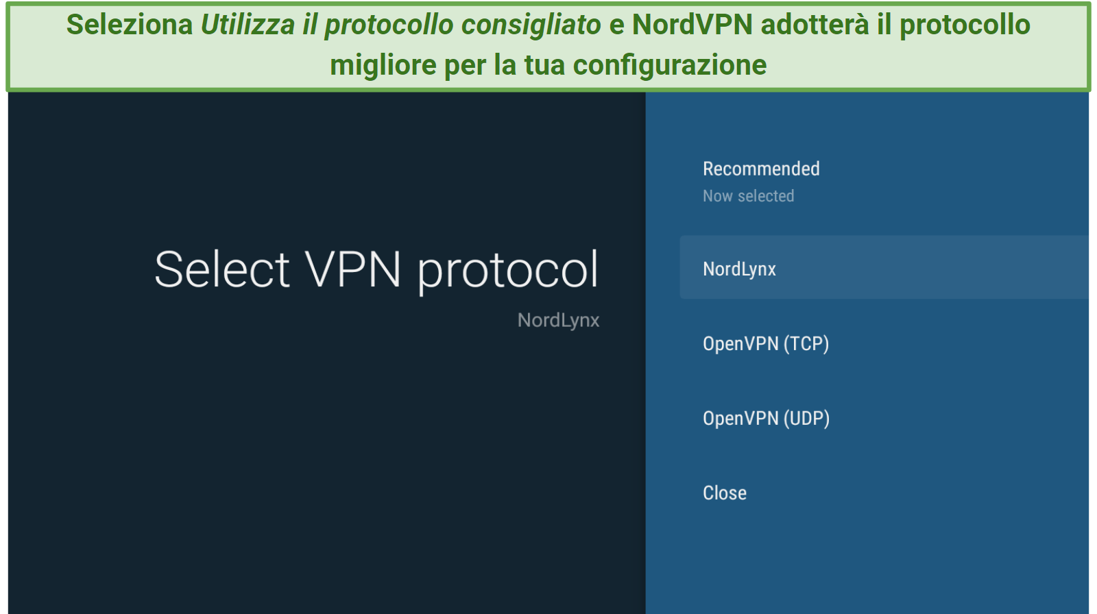 Screenshot showing the protocol selection page on the NordVPN Fire Stick app