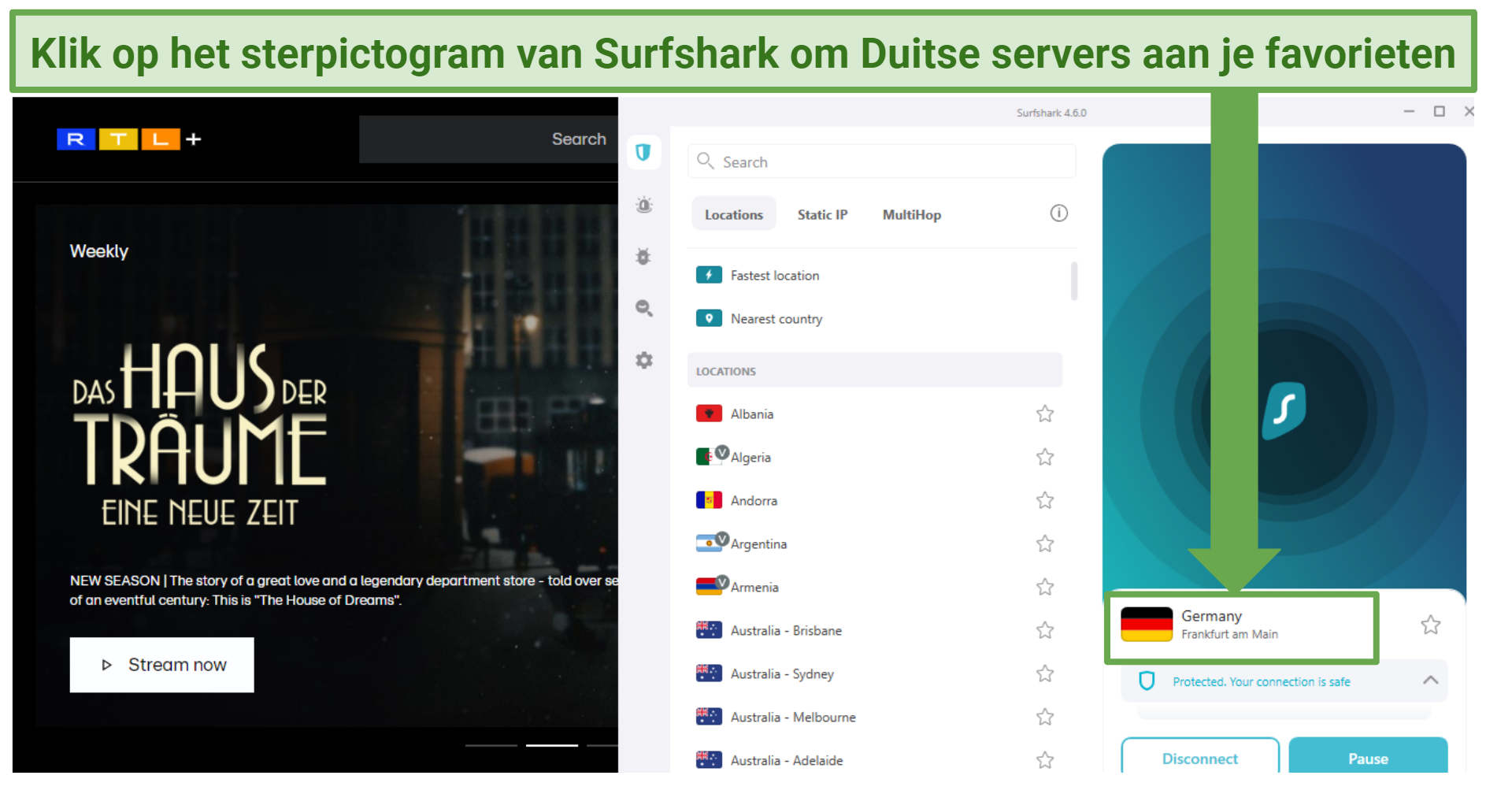A screenshot of RTL+ with Haus Traume showing while connected to Surfshark German servers