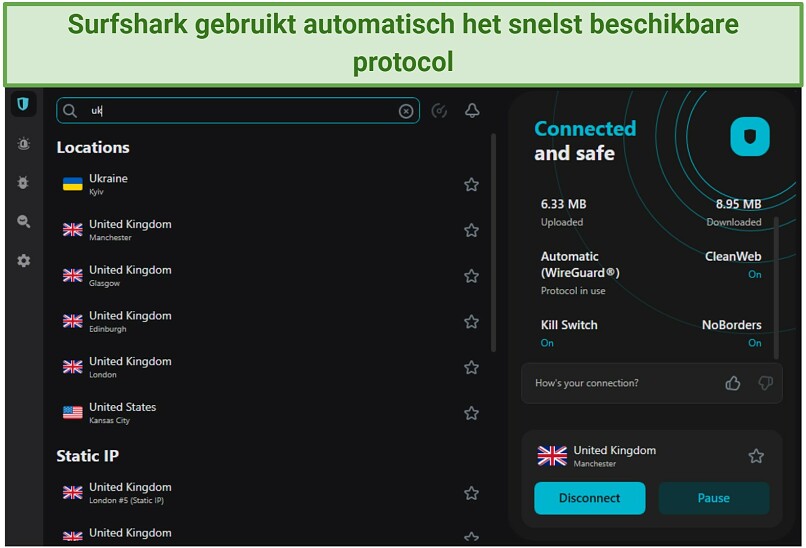 A screenshot of Surfshark's UK servers