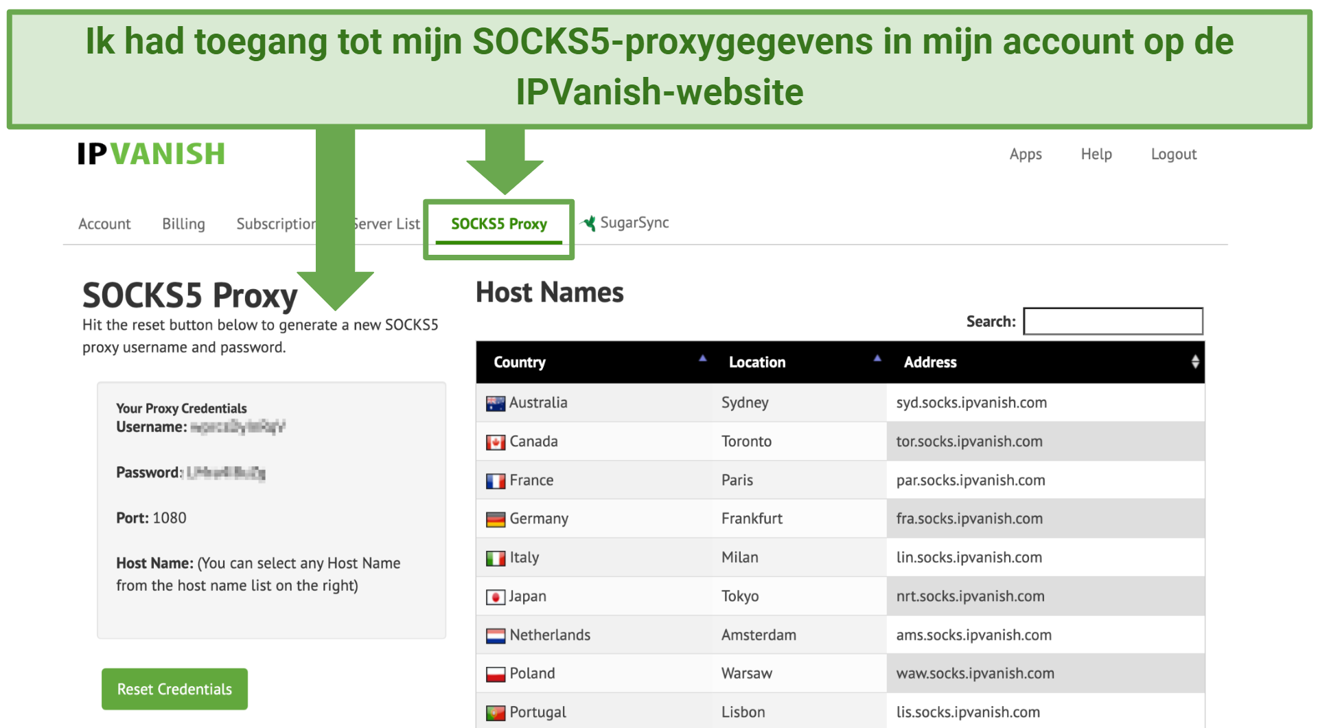 Screenshot showing how to navigate the IPVanish website to access your SOCKS5 proxy details