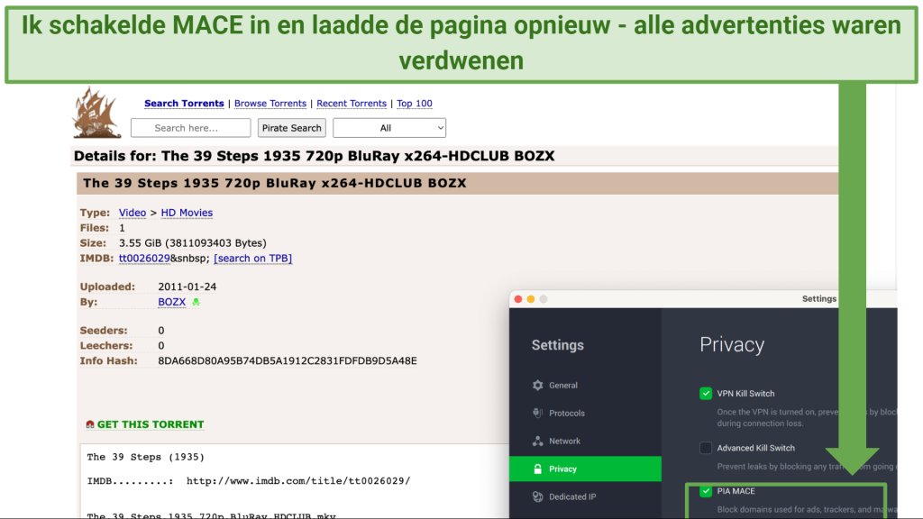Screenshot showing The Pirate Bay without ads when MACE is enabled on Private Internet Access