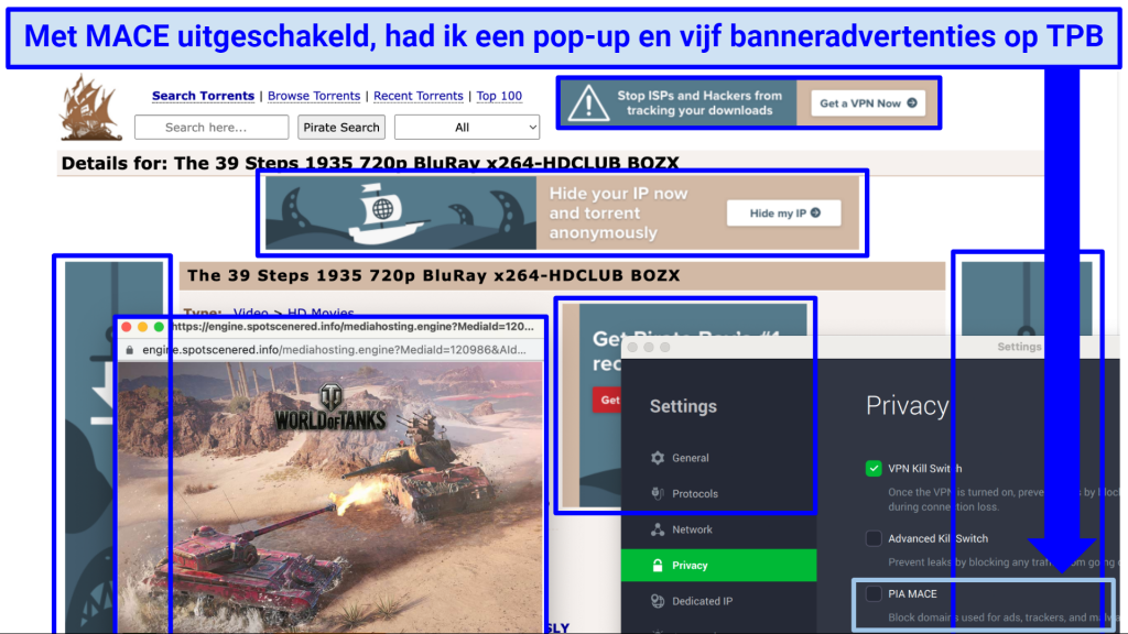Screenshot showing The Pirate Bay with ads when MACE is disabled on Private Internet Access