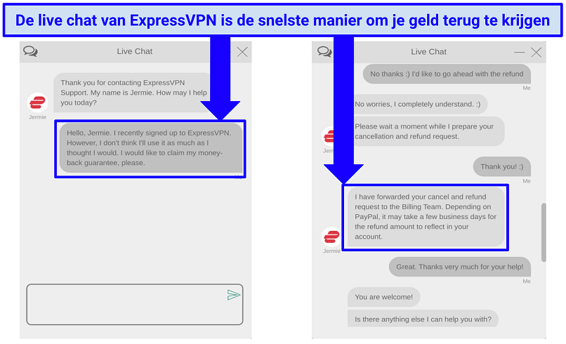 Screenshots of conversation wth ExpressVPN agent to claim money-back guarantee