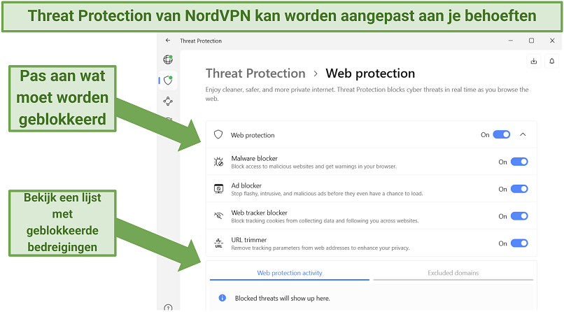 Screenshot of the NordVPN app showing its Threat Protection feature and its customization options