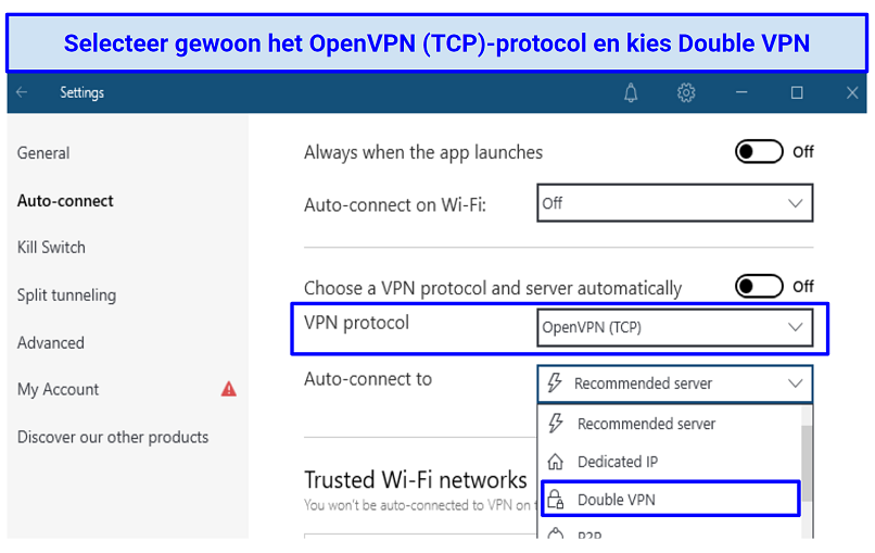 A screenshot of NordVPN's double VPN settings