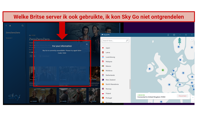 A screenshot of NordVPN not being able to unblock SkyGo