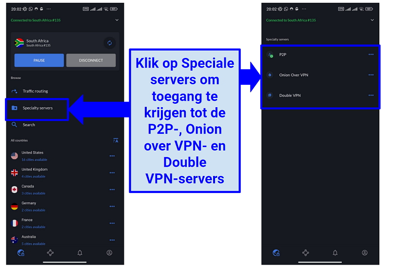 Screenshot of NordVPN's Android app showing its specialty servers and how to access them