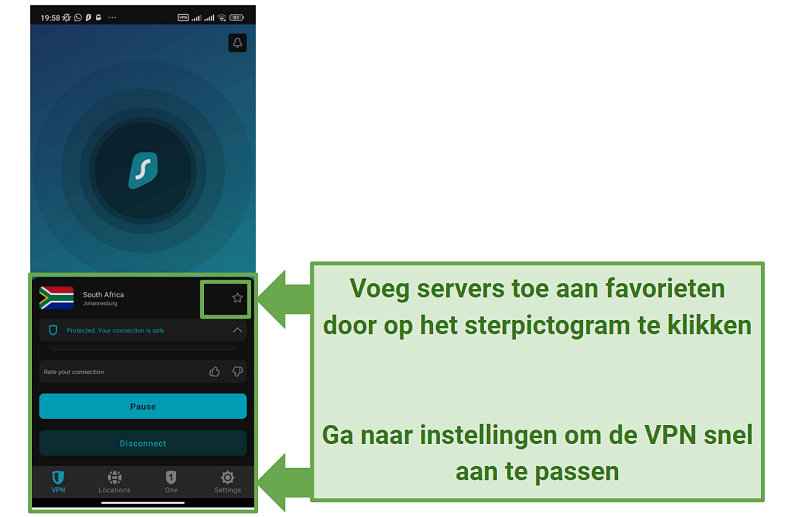 Screenshot of Surfshark's Android app showing the home page with the VPN connected to a South African server