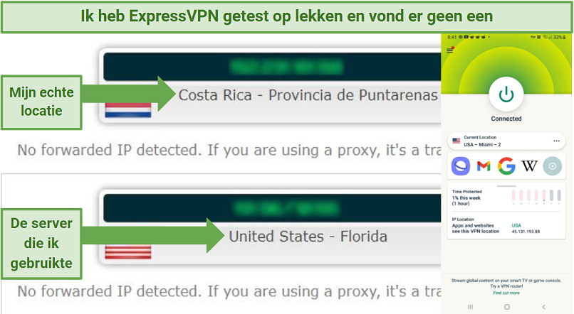 Leak test results demonstrating how the IP address changes while connected to a ExpressVPN