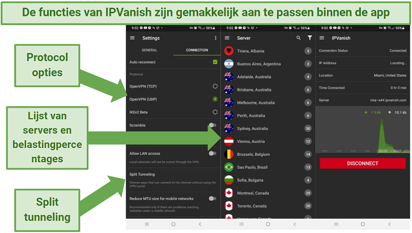 Screenshot of IPVanish's Android app, indicating where to adjust security settings