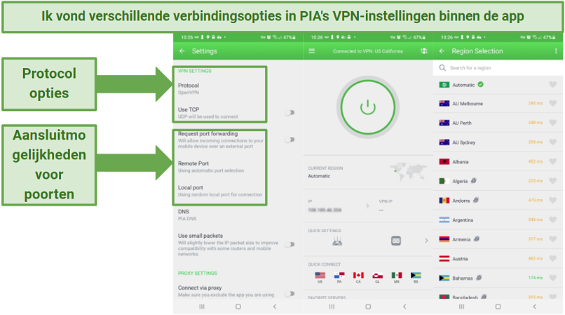 Screenshot showing the PIA Android app, indicating where to change its security settings