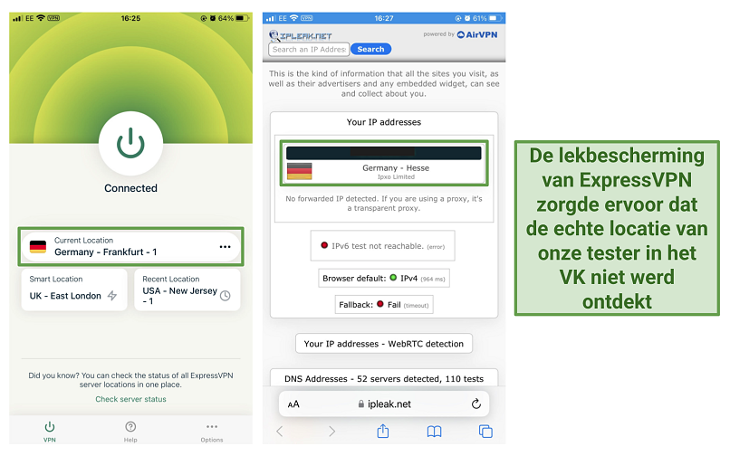 Screenshot van ExpressVPN lektests verbonden met Duitse server