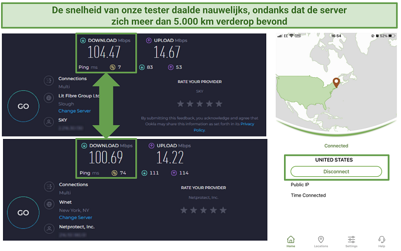 Screenshot van de snelheidstests van IPVanish op servers op grote afstand in New York