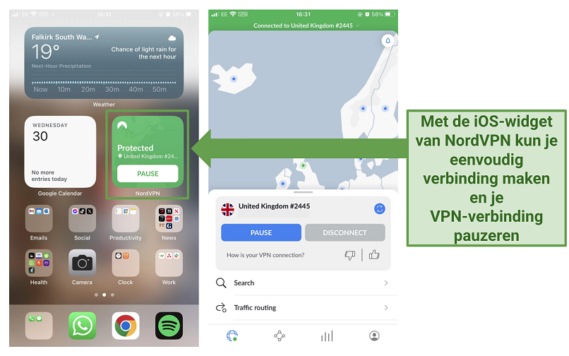 Screenshot van de iOS-widget van NordVPN