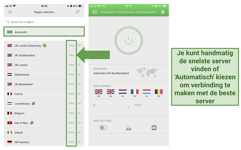 Screenshot van de PIA iOS-app die de latentie van elke server toont