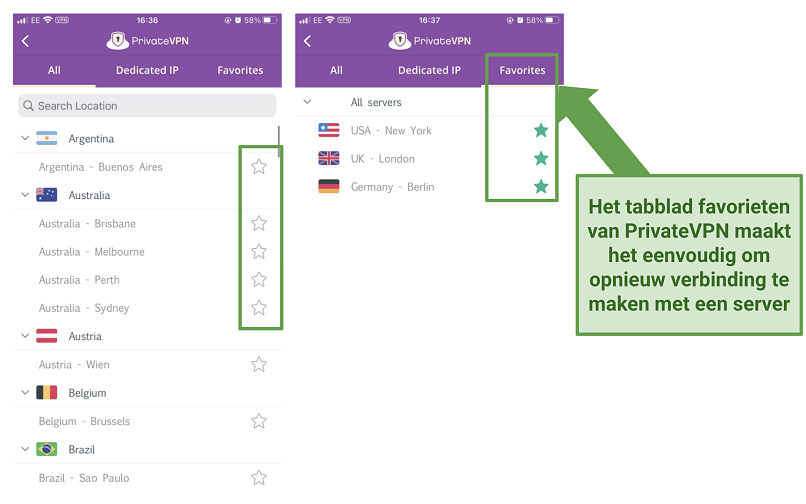Screenshot van de iOS-app van PrivateVPN met de 'favorieten' tab