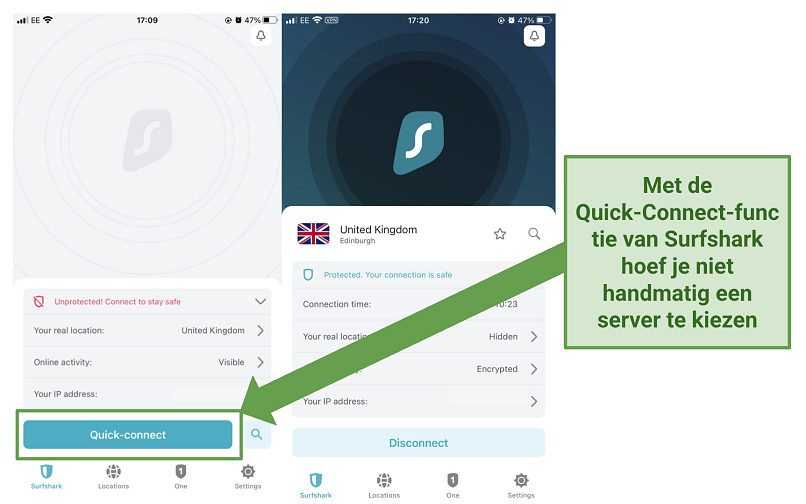 Screenshot van de iOS-app van Surfshark met de Snel verbinden functionaliteit