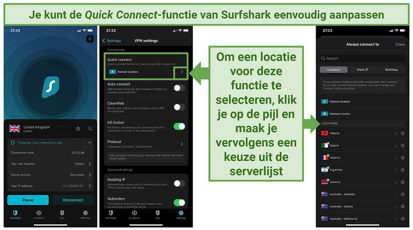Screenshots of Surfshark's iOS app showing its main screen, the VPN settings menu, the Quick-connect feature, and the server list