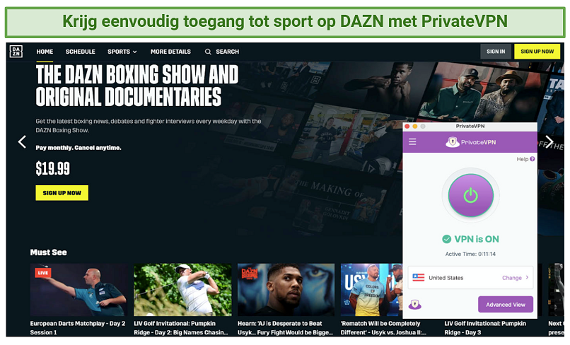 Screenshot showing PrivateVPN accessing DAZN US catalog
