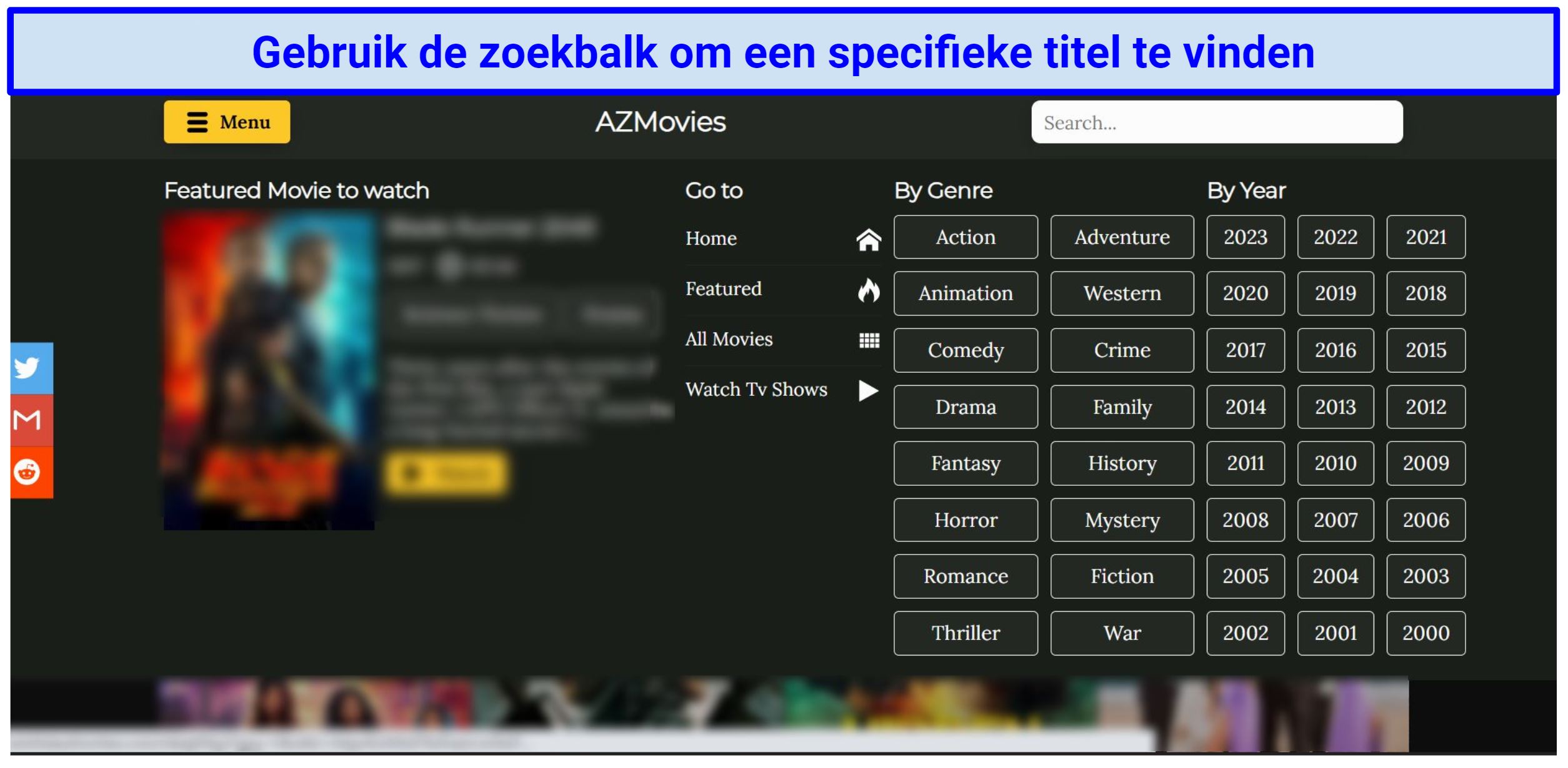 A screenshot of AZMovies's interface showing its clutter-free division by genre and by year